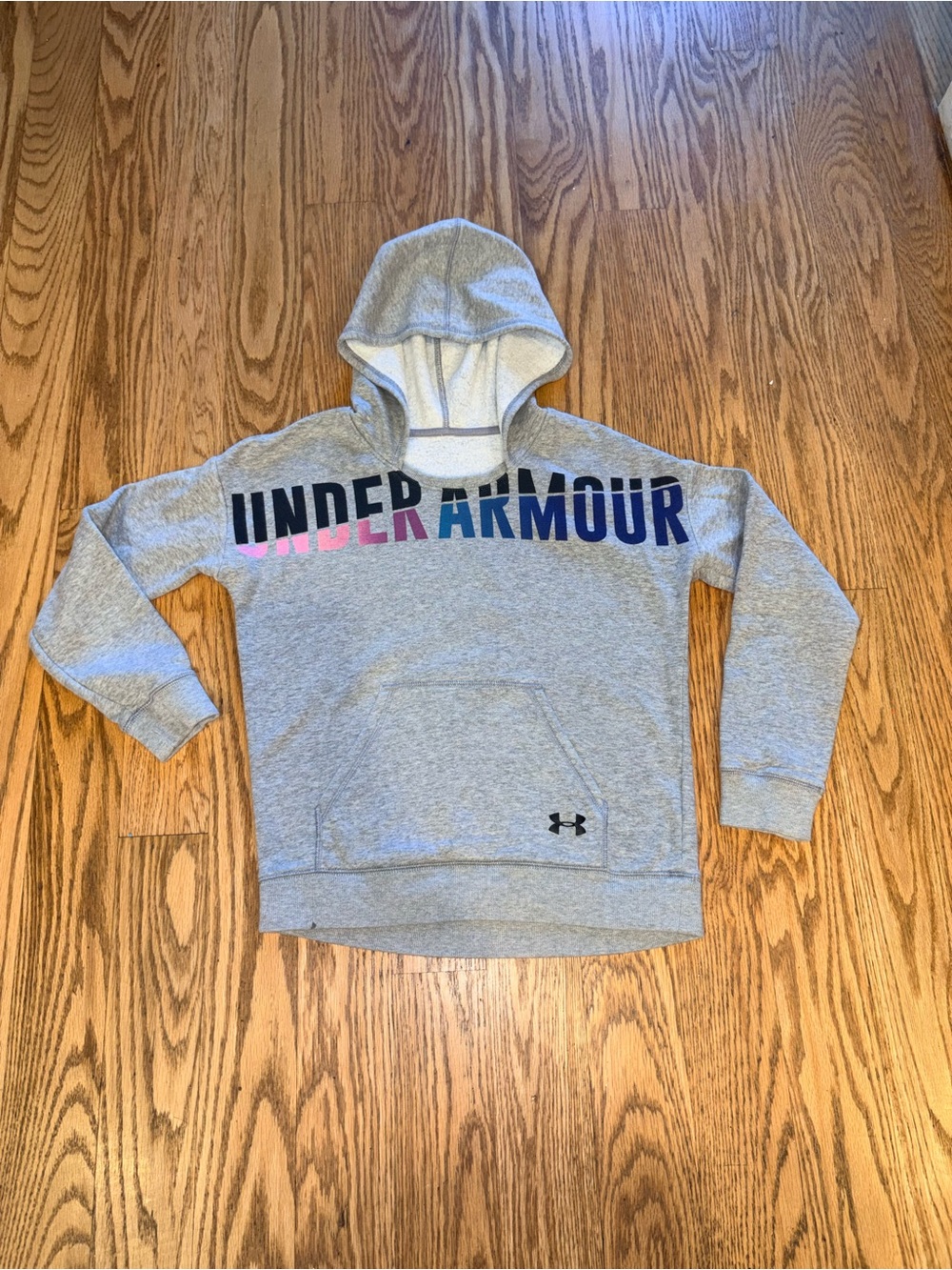 Under Armour Girls Heather Gray Gradient Logo Fleece Pullover Hoodie Size 10/12